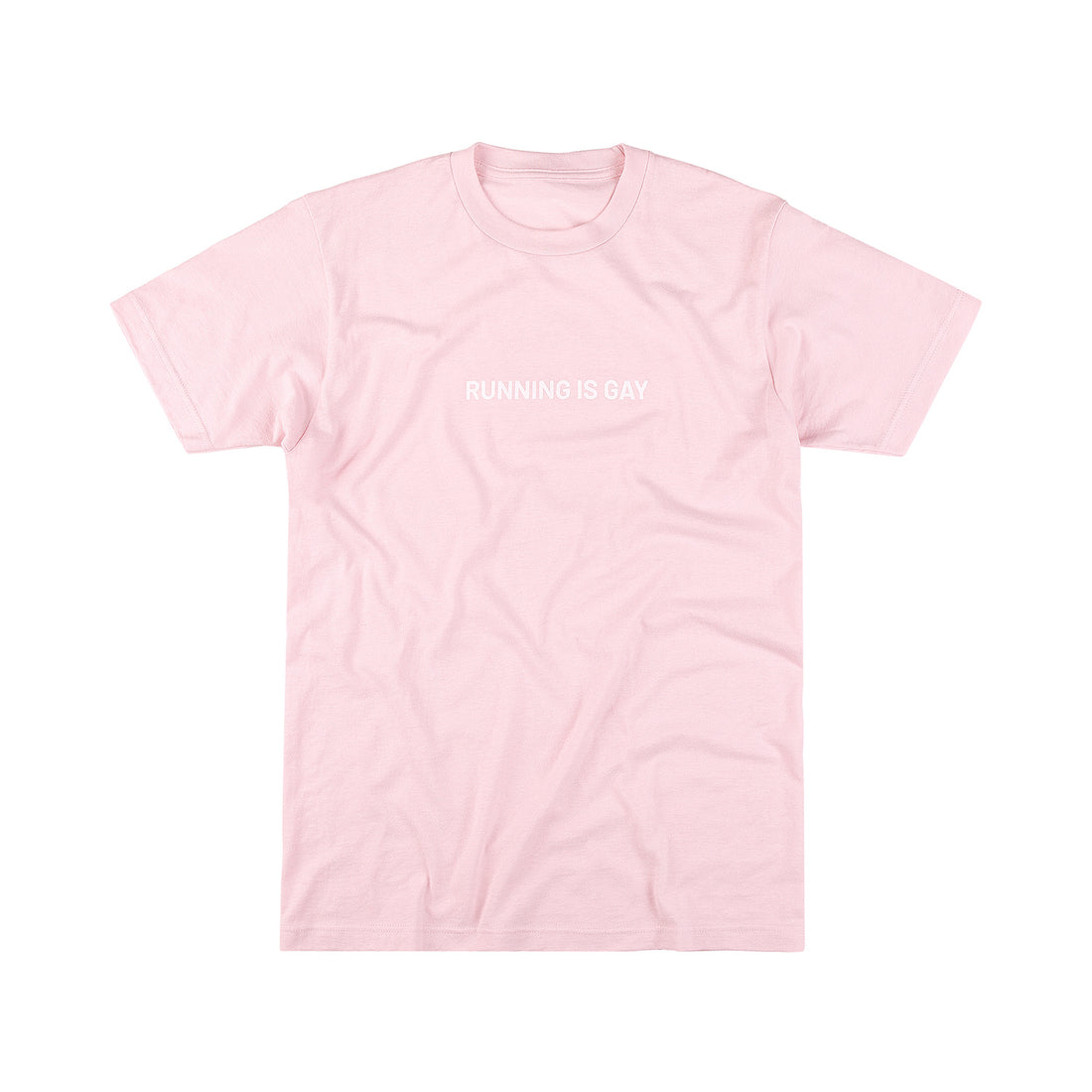 Pink t-shirt with text "running is gay"