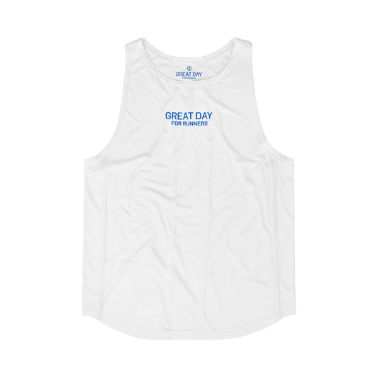 White performance tank top with blue text.